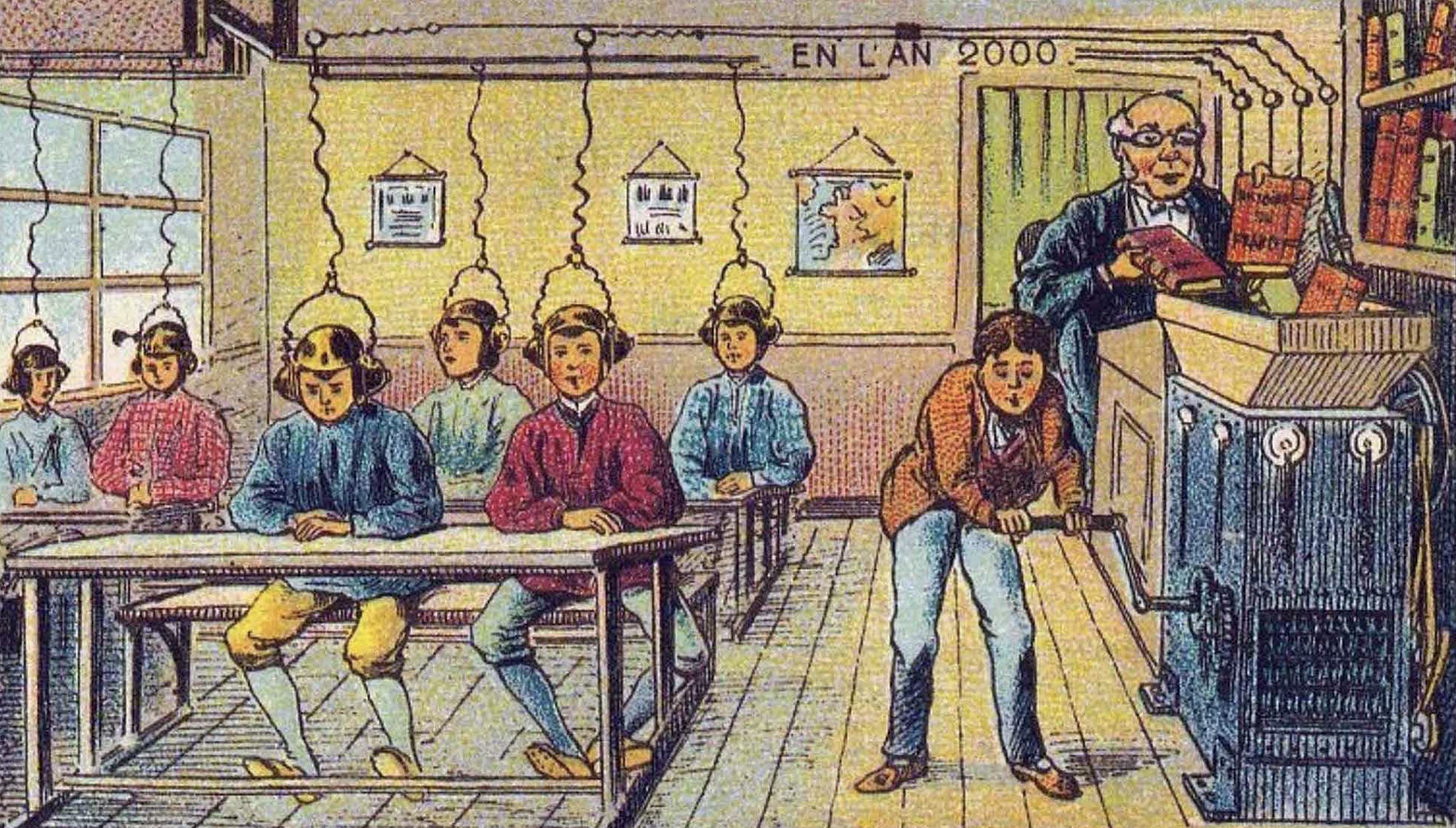 Around the turn of the 20th century, futurists imagined what a classroom might look like in the year 2000. *Illustration by Jean-Marc Côté, Wikimedia Commons.*