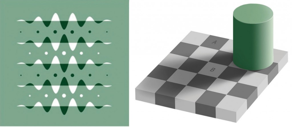 Optical Illusions as a Result of Brightness Constancy (Left) and Color Constancy (Right). Look carefully at the snakelike pattern on the left. Are the green strips really brighter than the background? Cover the white curves and you’ll see they are not. Square A in the right-hand image looks very different from square B, even though they are exactly the same.