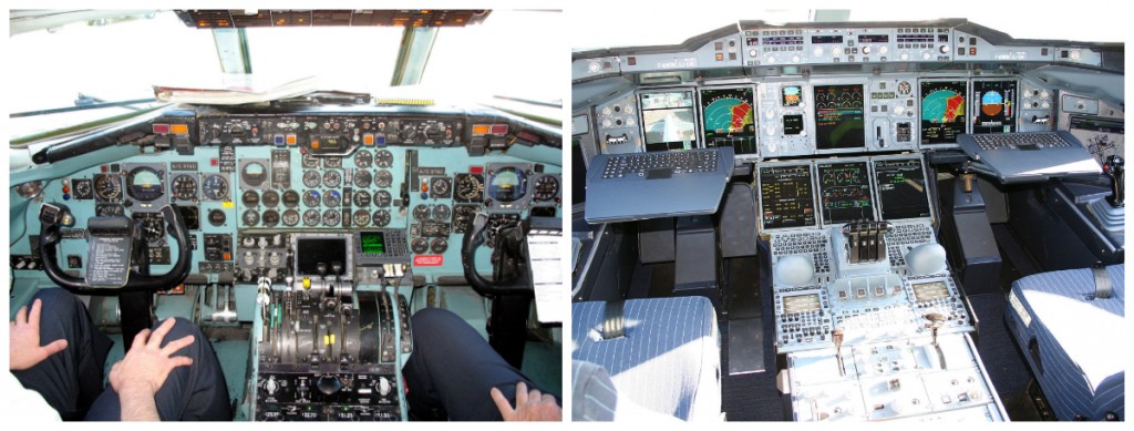 Airplane instrument panel before and after it was redesigned by human factors psychologists.