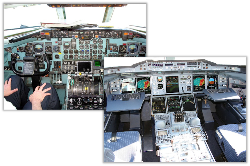 Airplane instrument panel before (left) and after (right) it was redesigned by human factors psychologists.