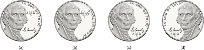 Can you tell which coin, (a), (b), (c), or (d) is the accurate depiction of a US nickel? The correct answer is (c).